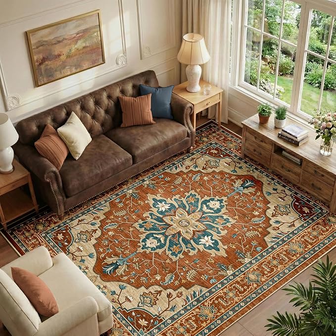 Area Rugs 6'x9' Washable Non-Slip, Floral Vintage Distress Print Pattern Medallion Carpet for Living Room Bedroom Dining Room, Red Orange Blue Brown