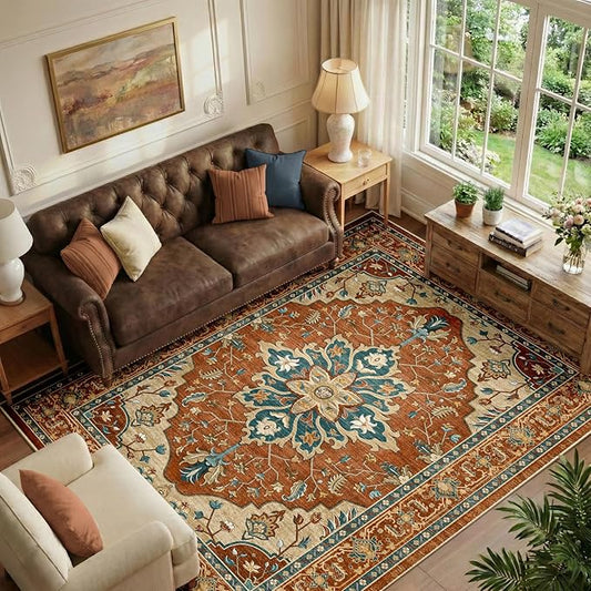 Area Rugs 6'x9' Washable Non-Slip, Floral Vintage Distress Print Pattern Medallion Carpet for Living Room Bedroom Dining Room, Red Orange Blue Brown