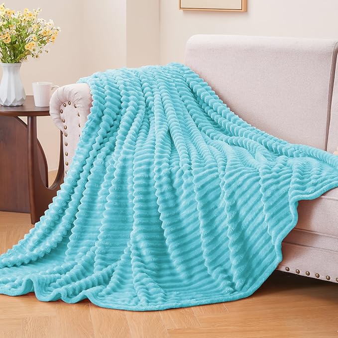 BEDELITE Fleece Blanket Twin Size – 3D Ribbed Jacquard Soft and Warm Decorative Fuzzy Blankets – Cozy, Fluffy, Plush Lightweight Throw Blankets for Couch, Bed, Sofa(Light Blue, 60x80 inches)