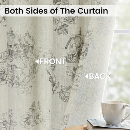 Yakamok Grey Floral Linen Curtains for Living Room 84 Inches Long,Printed Floral Curtains Farmhouse Grommet Bedroom Curtain 2 Panels