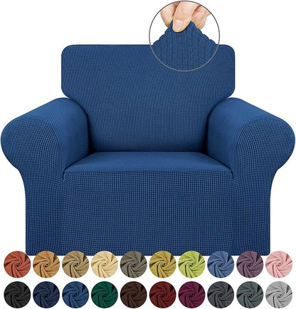 KEKUOU Stretch Single Sofa Slipcover 1 Piece Couch Sofa Cover (31"-55") Furniture Protector 1 Seater Sofa with Elastic Bottom for Kids,Pet.Jacquard Small Checked Pattern Fabric(Small,Classic Bluel)