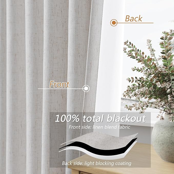 Guken 100% Natural Linen Blackout Curtains 84 Inch Long 2 Panels Set for Living Room Bedroom Back Tab Room Darkening Winter Thermal Insulated Netural Black Out Drapes Window Curtain, 52x84