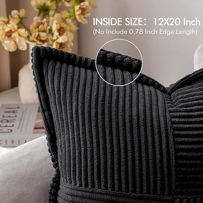 MIULEE Decorative Lumbar Throw Pillow Covers for Couch Bed Livingroom 12x20 Inch Set of 2 Black Boho Accent Throw Pllows Broadside Striped Patchwork Soft Corduroy Pillowcases
