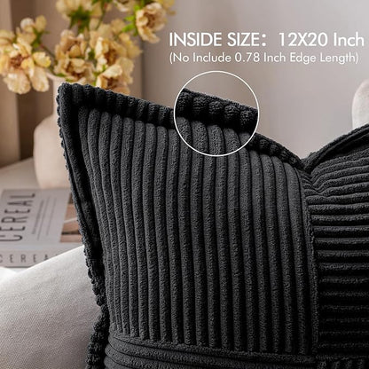 MIULEE Decorative Lumbar Throw Pillow Covers for Couch Bed Livingroom 12x20 Inch Set of 2 Black Boho Accent Throw Pllows Broadside Striped Patchwork Soft Corduroy Pillowcases