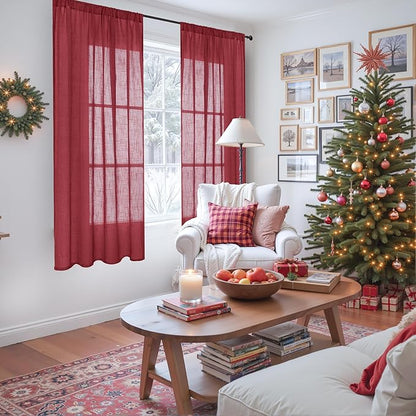 BGment Burgundy Linen Curtains 63 Inches Long for Living Room, Semi Sheer Window Drapes Lightweight Rustic Country Textured with Rod Pocket for Dining Bedroom, 2 Panels, Each 42 Inch Wide