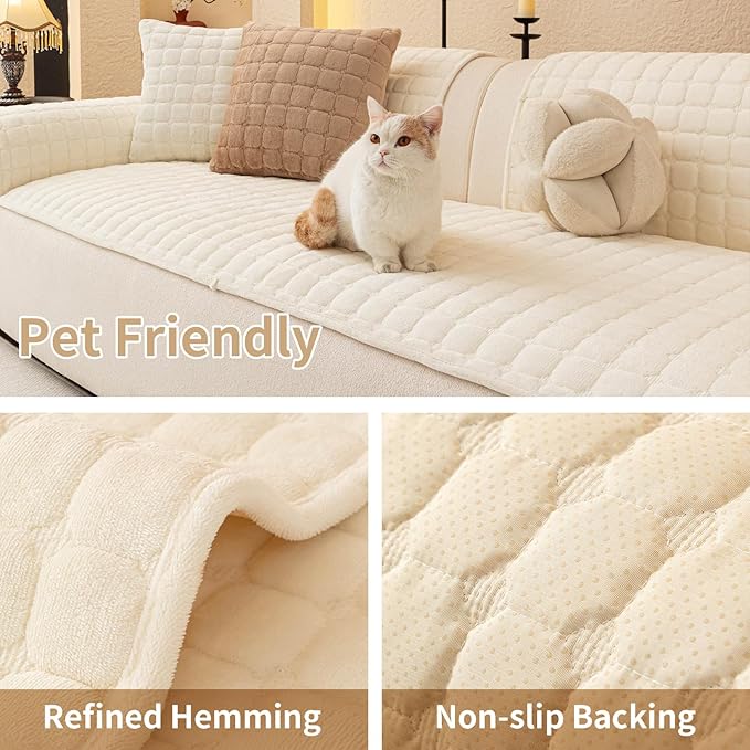 Velvet Couch Covers for Dogs, Dog Sectional Couch Covers, Pet Couchs Cover for 2-3 Seater, Couchs Protector for Dogs, Sectional Sofa Cover for Pet Washable(1PC,Beige White,27.6"×70.9")