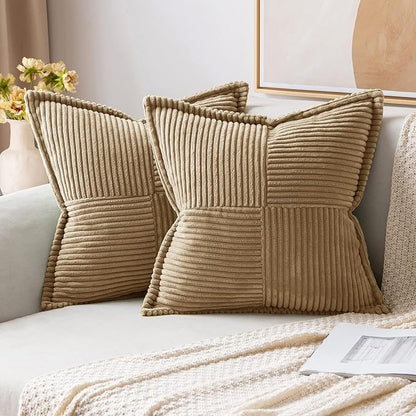 MIULEE Decorative Throw Pillow Covers for Couch Bed Livingroom 16x16 Inch Set of 2 Khaki Boho Accent Throw Pllows Broadside Striped Patchwork Soft Corduroy Pillowcases
