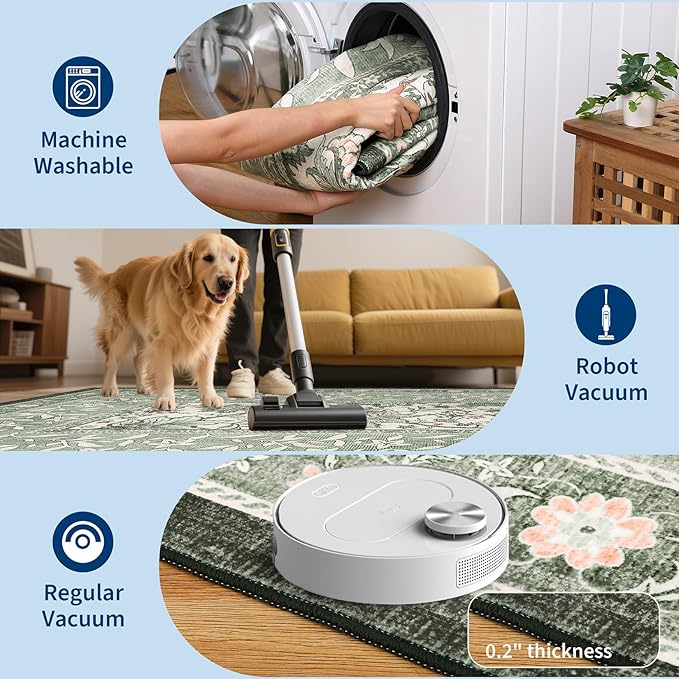 GarveeHome Sage Green 2.5 x 8 Washable Kitchen Runner Rugs Non Slip Provence Vintage Boho Cottage Long Rug for Hallways Bedroom Entryway Bathroom Mat with Rubber Back