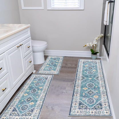 HEBE Boho Kitchen Rug Sets 3 Piece with Runner Non Slip Kitchen Rugs and Mats Washable Kitchen Mats for Floor Thick Kitchen Floor Mat Carpet Runner Rugs for Hallway Laundry Holiday Decor