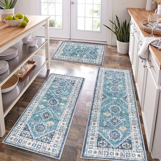 HEBE Boho Kitchen Rug Sets 3 Piece with Runner Non Slip Kitchen Rugs and Mats Washable Kitchen Mats for Floor Thick Kitchen Floor Mat Carpet Runner Rugs for Hallway Laundry Holiday Decor