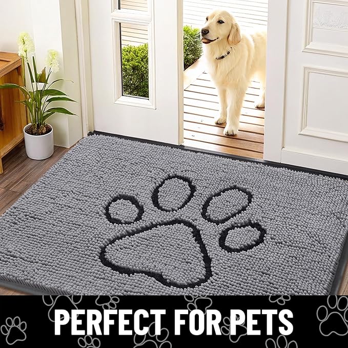 Smiry Dog Door Mat for Muddy Paws, Absorbent Dirt Trapper Non Slip Quick Dry Washable Chenille Mat for Mud Dogs, Entry Rug for Indoor and Outdoor (24x16 Inches, Grey and Black)
