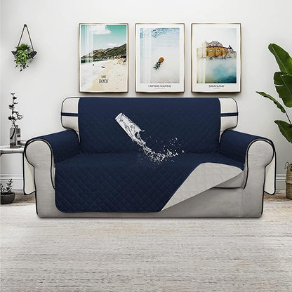 ISSUNTEX Double Protection 100% Waterproof Loveseat Sofa Covers for Living Room, Couch Covers for 2 Cushion Couch Sofa, Reversible Furniture Protector Sofa Cover for Dogs (Loveseat, Navy/Ivory)