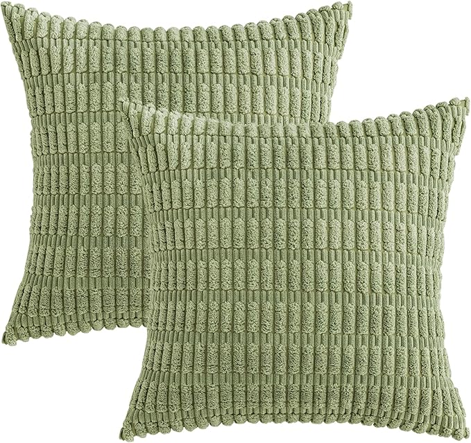 MIULEE Pack of 2 Spring Corduroy Decorative Throw Pillow Covers 16x16 Inch Soft Boho Striped Pillow Covers Modern Farmhouse Home Decor for Summer Sofa Living Room Couch Bed Sage Green