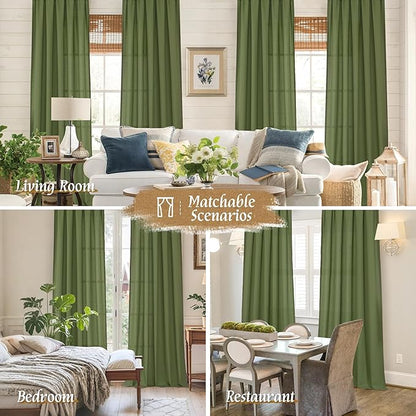 LAMIT Olive Green Linen Curtains for Bedroom, Faux Linen Textured Light Filtering Drapes Rod Pocket Boho Neutral Christmas Panels for Farmhouse/Living Room, 2 Panels, 52 x 72 Inch