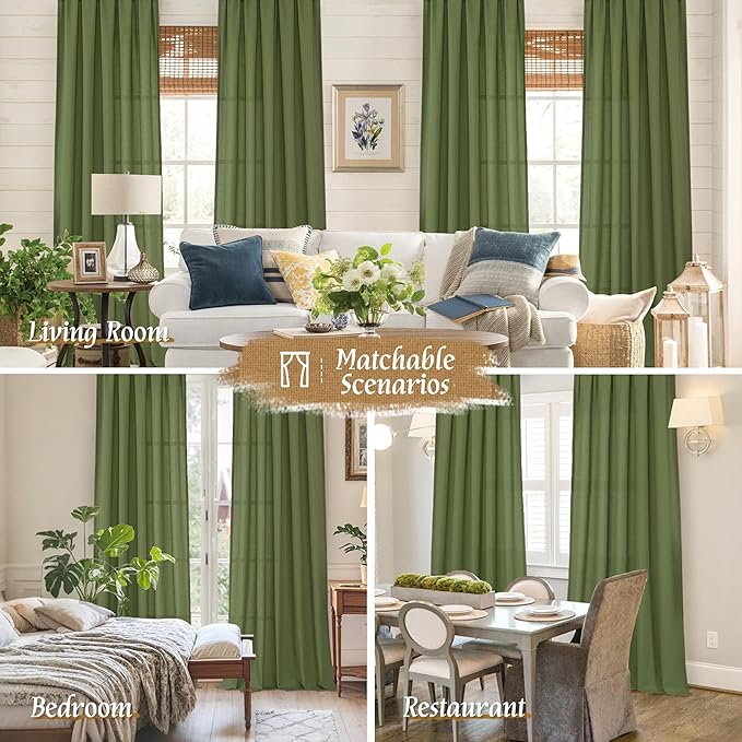 LAMIT Linen Blended Curtains 84 inch for Living Room, Linen Textured Light Filtering Drapes Rod Pocket Boho Panels for Farmhouse/Living Room, 2 Panels, 52 x 84 Inch, Olive Green