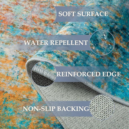 Washable Area Rugs 5'x7' Non-Slip Modern Abstract Soft for Living Room Entryway Bedroom Nursery, Print Pattern, Teal Blue Green Orange Rust Red Coloreful