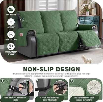 TAOCOCO 100% Waterproof Recliner Sofa Cover, Non Slip Split Couch Covers for Reclining Couches with Straps, Washable Reclining Sofa Cover Furniture Protector for Kids Pets(3 Seater, Vine Green)