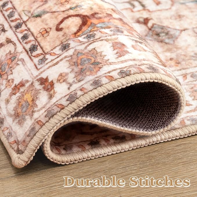 SERISSA Area Rug 3x5 Boho Peach Cream Rugs for Bedroom, Washable Kitchen Rugs Non-Slip, Ultra Soft Print Distressed Vintage Entry Rug Low-Pile Throw Rug Carpet for Nursery Living Room Dorm Decor