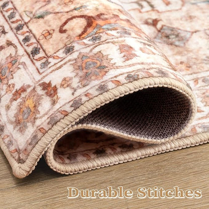 SERISSA 4x6 Boho Bedroom Rug, Washable Non Slip Vintage Peach Cream Area Rugs, Ultra Soft Print Distressed Tribal Entry Rug Low-Pile Throw Carpet for Nursery Dorm Kitchen Living Room Decor