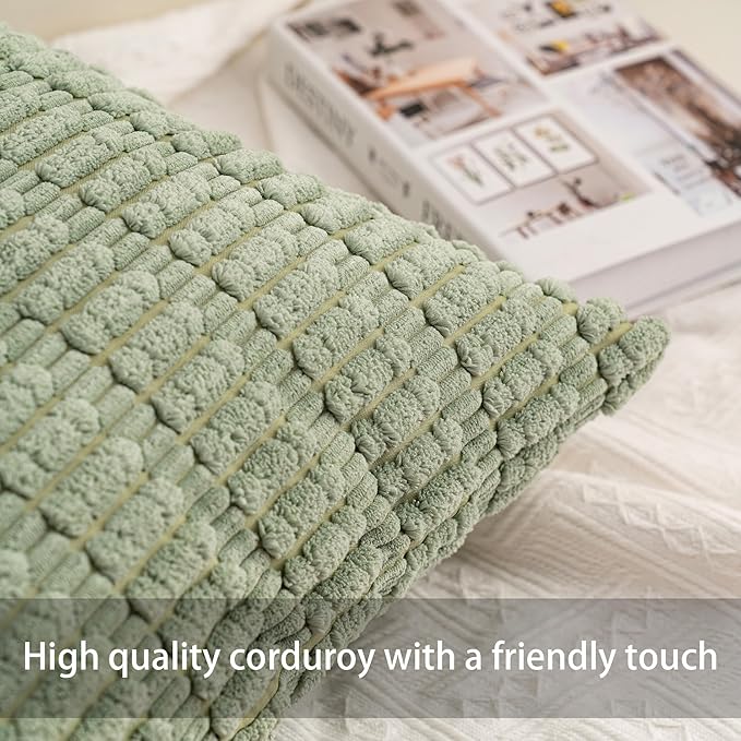 Pack of 2 Corduroy Decorative Throw Pillow Covers 22x22 Inch Soft Striped Pillow Covers Modern Farmhouse Home Decor for Sofa Living Room Couch Bed（Blackish Green）
