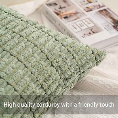 Pack of 2 Corduroy Decorative Throw Pillow Covers 16x16 Inch Soft Striped Pillow Covers Modern Farmhouse Home Decor for Sofa Living Room Couch Bed（Blackish Green）