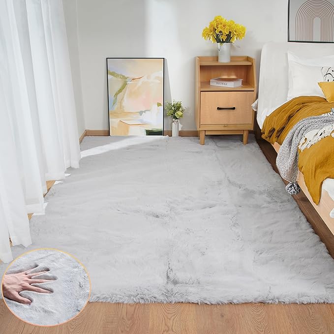 ORINOVA Washable Area Rugs 5x7 Rugs for Living Room Silver Grey Faux Rabbit Fur Rug for Bedroom Faux Sheepskin Rug Teen Room Home Décor