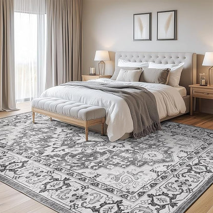Lofus 6x9 Area Rugs for Living Room, Washable Area Rug, Rugs for Bedroom, Kitchen, Vintage Boho Carpet, Soft Non-Slip, Low Pile Large Area Rug for Office Dining Room, Floral Grey