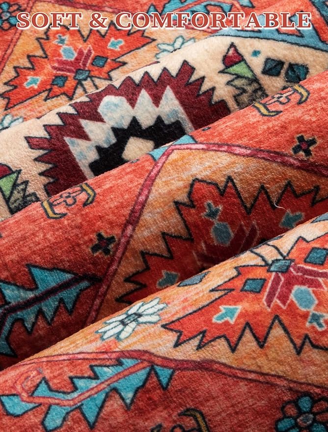 SERISSA Boho Washable Runner Rug, 2'6"x8' Rug Runner Non-Slip Vintage Orange Hallway Kitchen Runner Rug Ultra Soft Print Distressed Tribal Floor Carpet Runner for Bedroom Bathroom Laundry Room