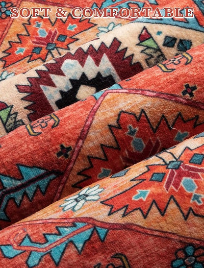 SERISSA Boho Washable Runner Rug, 2'6"x10' Rug Runner Non-Slip Vintage Orange Hallway Kitchen Runner Rug Ultra Soft Print Distressed Tribal Floor Carpet Runner for Bedroom Bathroom Laundry Room