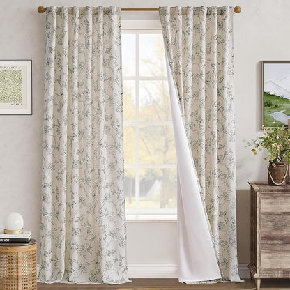 jinchan Floral Curtains Lined Linen Blend Curtain for Living Room 96 Inch Length Grey Flower Farmhouse Curtains French Country Gray Patterned Curtain Drapes Back Tab Rod Pocket 2 Panels