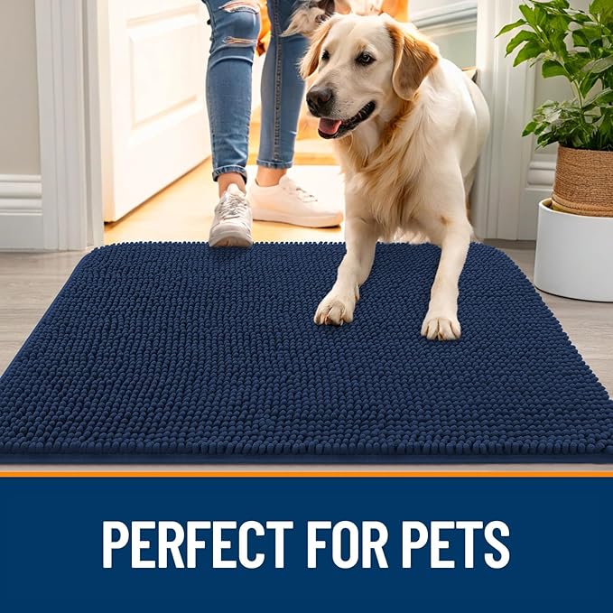 OLANLY Dog Door Mat for Muddy Paws 47x32, Absorbs Moisture and Dirt, Absorbent Non-Slip Washable Doormat, Quick Dry Chenille Mud Mat for Dogs, Entry Indoor Entryway Carpet for Inside Floor, Dark Blue