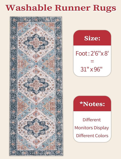 SERISSA Boho Washable Runner Rug, 2'6"x8' Non-Slip Vintage Blue Orange Hallway Kitchen Runner Rug Ultra Soft Print Distressed Tribal Floor Carpet for Bedroom Bathroom Laundry Room