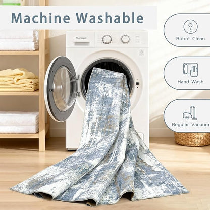 Washable Rugs 8x10 Area Rugs for Living Room,Modern Abstract Rugs for Bedroom,Large Carpets,Ultra Soft Faux Wool Dining Room Rug,Non Slip Low Pile Print Rug- Blue- (White-Reddish Brown)