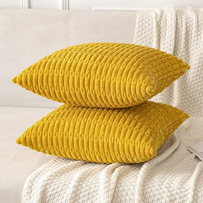 MIULEE Pack of 2 Corduroy Decorative Throw Pillow Covers 12x12 Inch Soft Boho Striped Pillow Covers Modern Farmhouse Home Decor for Summer Sofa Living Room Couch Bed Mustard Yellow