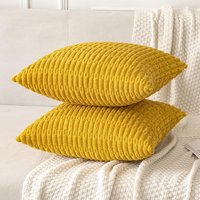 MIULEE Pack of 2 Corduroy Decorative Euro Sham Throw Pillow Covers 22x22 Inch Soft Boho Striped Pillow Covers Modern Farmhouse Home Decor for Summer Sofa Living Room Couch Bed Mustard Yellow