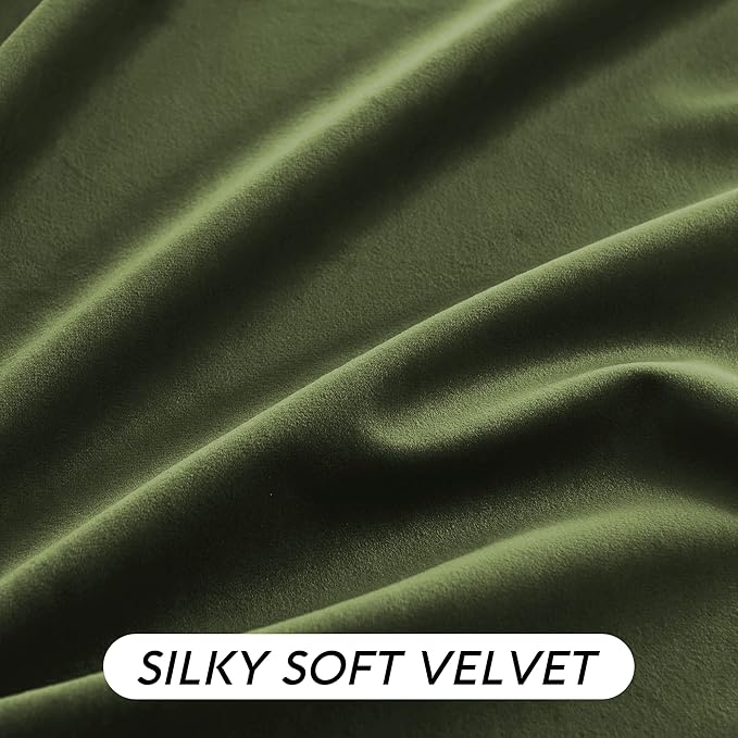 RYB HOME Olive Green Velvet Curtains 90 inches Long - Room Darkening Luxury Window Treatment Privacy Thermal Insulated Backdrops for Living Room, 52 inch x 90 inches, 2 Panels Set