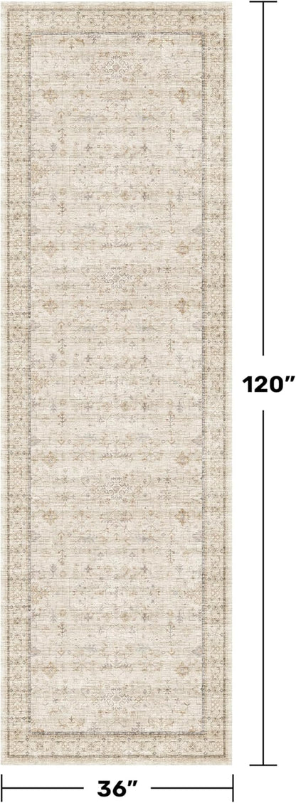 Beige 3x10 Washable Long Hallway Runner Rug Non Slip, Stain & Fade Resistant Farmhouse Kitchen Rug, Neutral Traditional Home Décor, Low Pile Non-Shedding Stain Resistant Oriental Carpet