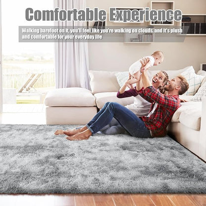 Ultra Soft Fluffy Area Rugs for Bedroom Living Room 10x14, Nursery Rug, Non-Slip Carpet for Kids Dorms Decor, Shaggy Bedside Rug, Tie-Dyed Light Grey