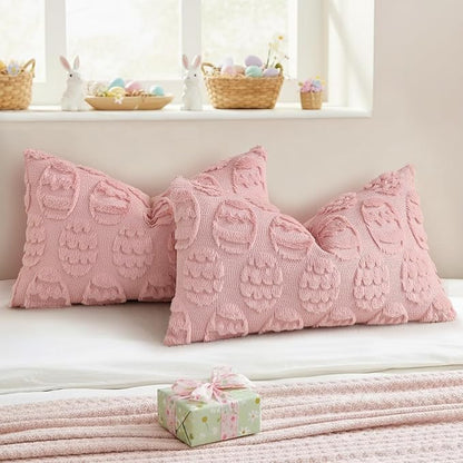 decorUhome Easter Pink Egg Pillow Covers 12x20 Inch Set of 2, Soft Plush Faux Wool Jacquard Cushion Covers, Farmhouse Neutral Fuzzy Spring Easter Holiday Decor for Couch Sofa Bed