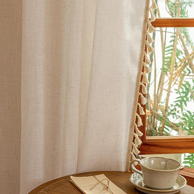 MYSKY HOME Natural Macrame Curtains 96 Inch Length for Living Room, Farmhouse Bohemian Vintage Back Tab，Light Filtering Privacy Protect Drapes for Bedroom, 50" W×96" L, Natural, 2 Panels