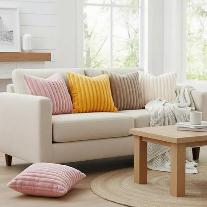 decorUhome Summer Cozy Faux Fur Throw Pillow Covers 26x26 Set of 2 Decorative Plush Striped Modern Farmhouse Boho Couch Euro Sham Pillow Cases with Velvet Back for Sofa Bed Living Room, Cream White
