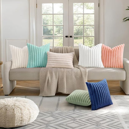 decorUhome Summer Cozy Faux Fur Throw Pillow Covers 18x18 Set of 2 Decorative Plush Striped Modern Farmhouse Boho Couch Pillow Cases with Velvet Back for Sofa Bed Living Room, Blush Pink