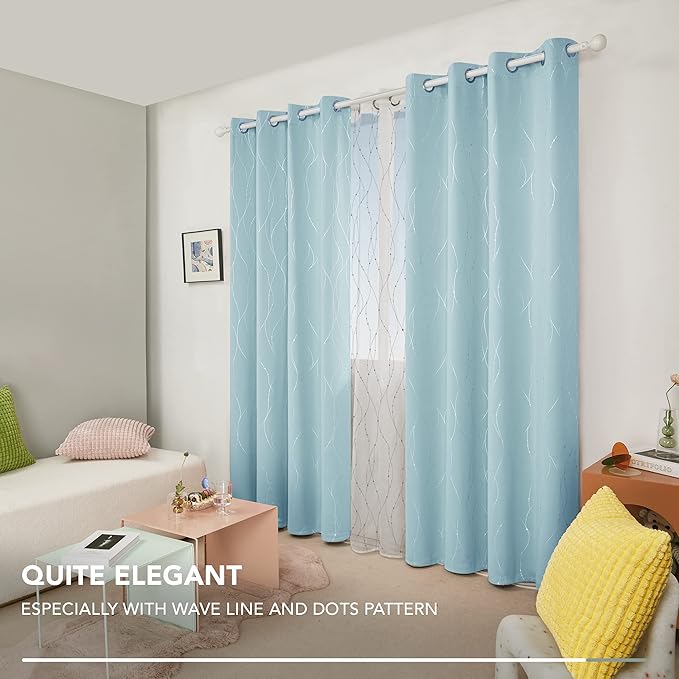 Deconovo Blackout Curtains, Thermal Insulated Soundproof Grommet Drapes, Wave Dot Foil Print, 52 x 95 Inch, Set of 2, Machine Washable Window Panel for Bedroom Living Room Nursery Kitchen, Light Blue