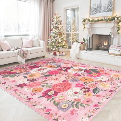 Pink Floral Girls Room Rug 5x7, Non-Slip Washable Rugs for Bedroom Living Room Nursery Kitchen Dining Room Indoor, Ultra-Thin Soft Stain Resistant Girls Room Decor(5 x 7, Pink Garden)