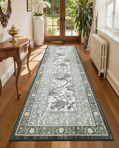 GarveeHome Provence Fog 2.5 x 8 Washable Kitchen Runner Rugs Non Slip Vintage Boho Cottage Long Rug for Hallways Bedroom Entryway Bathroom Mat with Rubber Back