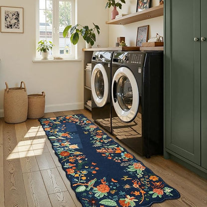 Rugflix 2x6 Runner Rug for Hallway, Washable Kitchen Runner Non Slip, Soft Low Pile Entryway Carpet, Vintage Floral Stain Resistant Long Laundry Room Rugs for Bedroom, Stairs