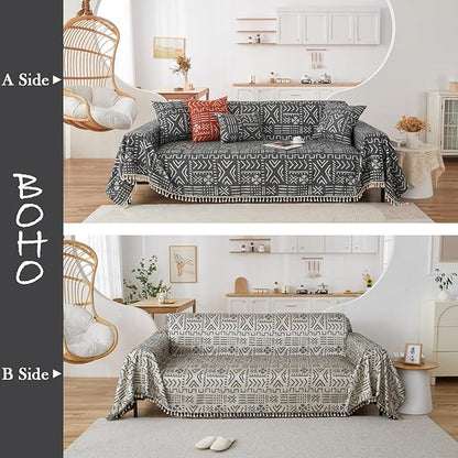 HANDONTIME Black White Boho Sofa Cover Geometric Farmhouse Tassel Couch Covers Boho Living Room Décor Dog Sofa Covers for Slipcover Aesthetic Couch Cushion Cover Couch Protector for Dogs, 71" X134"