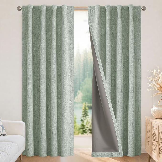 Joydeco Blackout Curtains for Bedroom - 100% Light Blocking 2 Panels Sage Green Drapes 37" W x 96" L, Thermal Insulated Room Darkening Curtains, Linen Textured for Living Room, Rod Pocket & Back Tabs