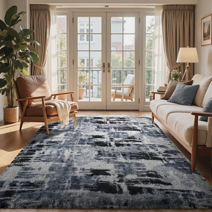 5x7 Ft Large Shag Rugs for Bedroom Living Room, Tie Dyed Ultra Soft Fluffy Furry Area Rug for Indoor Floor, Aesthetic Carpet for Home Decor (Blue)