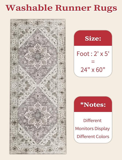 SERISSA Boho Washable Runner Rug, 2x5 Rug Non-Slip Vintage Earth Tone Hallway Kitchen Runner Rug Ultra Soft Print Distressed Floor Carpet for Bedroom Bathroom Laundry Room